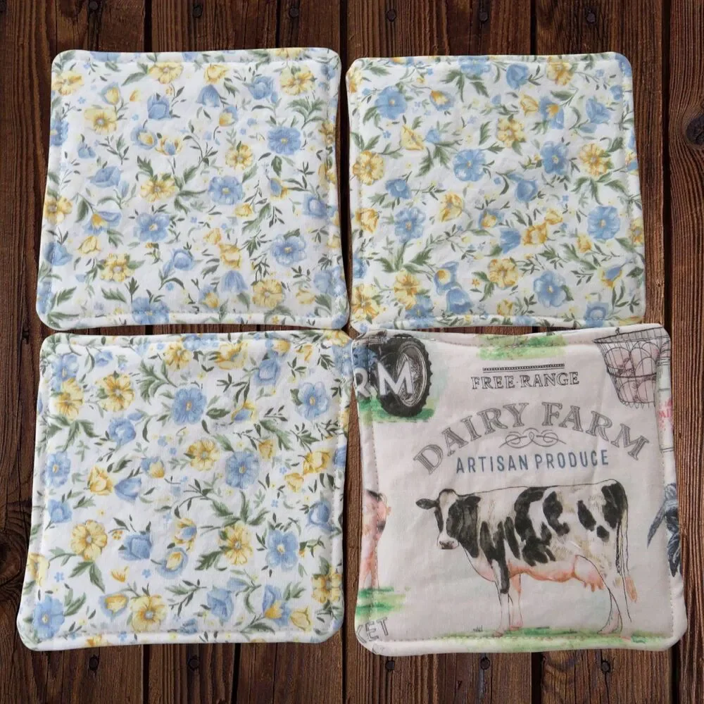 Fabric Coasters, Set Of 4, Farm Animal Reversible Country Floral Mug Rugs